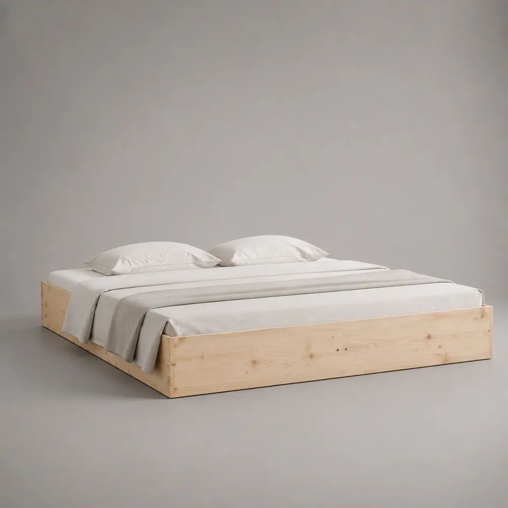 Letto matrimoniale basso rettangolare in legno massello naturale, 185 x 205 x 35 cm, per materasso 180 x 200 cm
