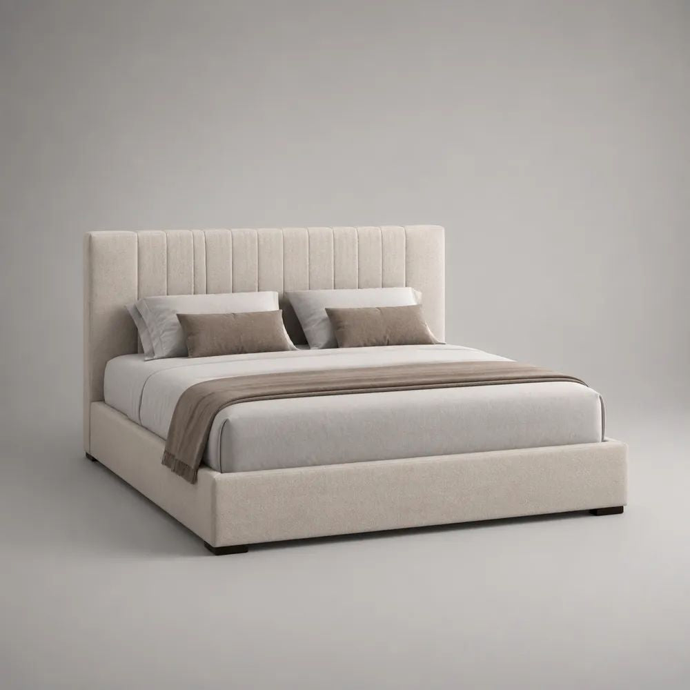 Letto matrimoniale contenitore 160 x 200 cm in tessuto bouclé crema con testiera imbottita scanalata e rete sollevabile