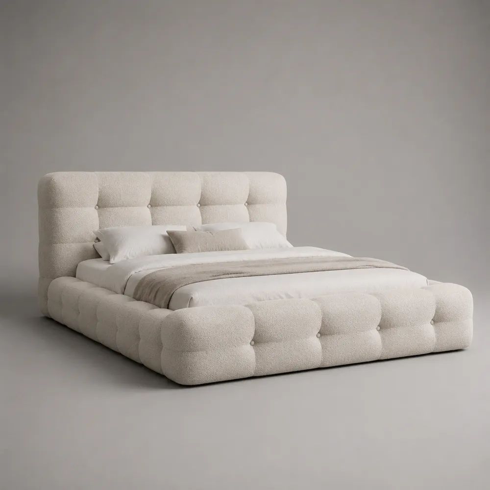 Letto matrimoniale imbottito in tessuto bianco 160 x 200 cm con testiera capitonné, 190 x 225 x 115 cm