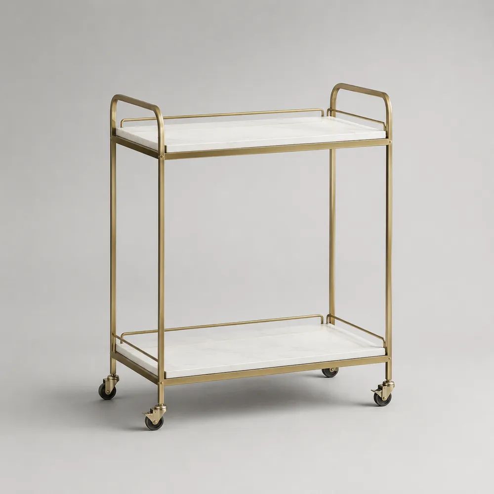 Carrello da cucina a 2 ripiani con ruote, struttura in acciaio oro e MDF bianco effetto marmo, 70 x 35 x 82 cm