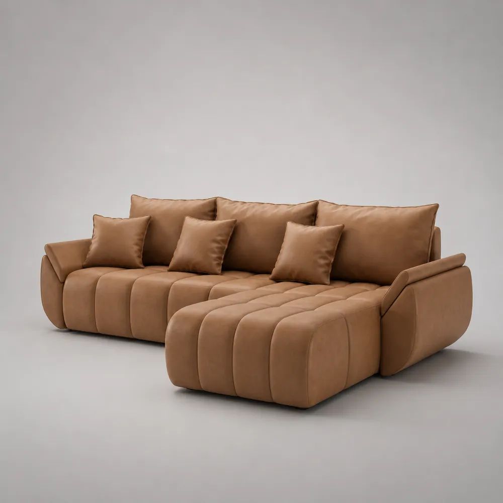 Divano angolare 4 posti con penisola destra in microfibra effetto nabuk, cammello, 290 × 180 × 86 cm