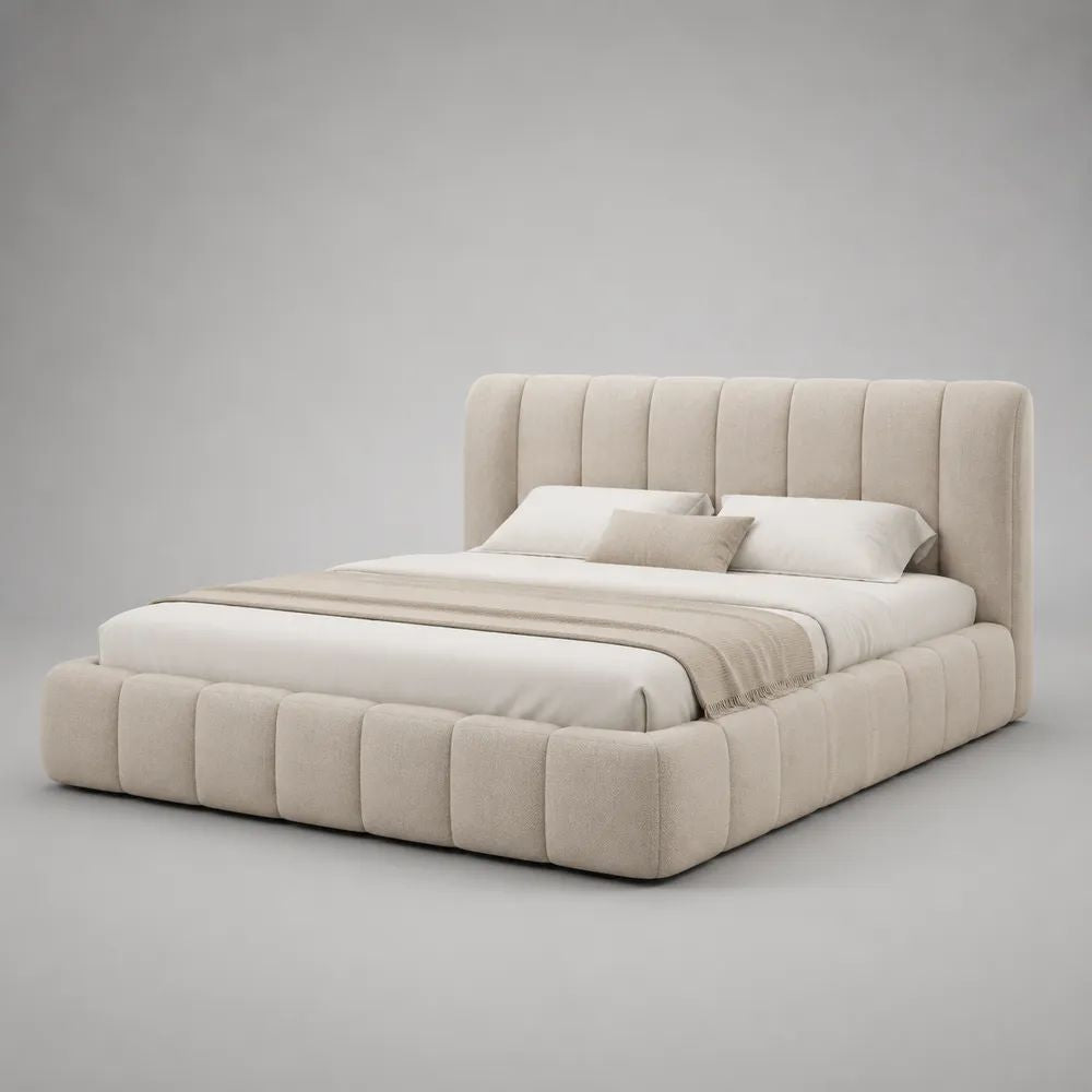 Letto matrimoniale contenitore imbottito in tessuto bouclé beige, 225 x 190 x 115 cm, per materasso 160 x 200 cm
