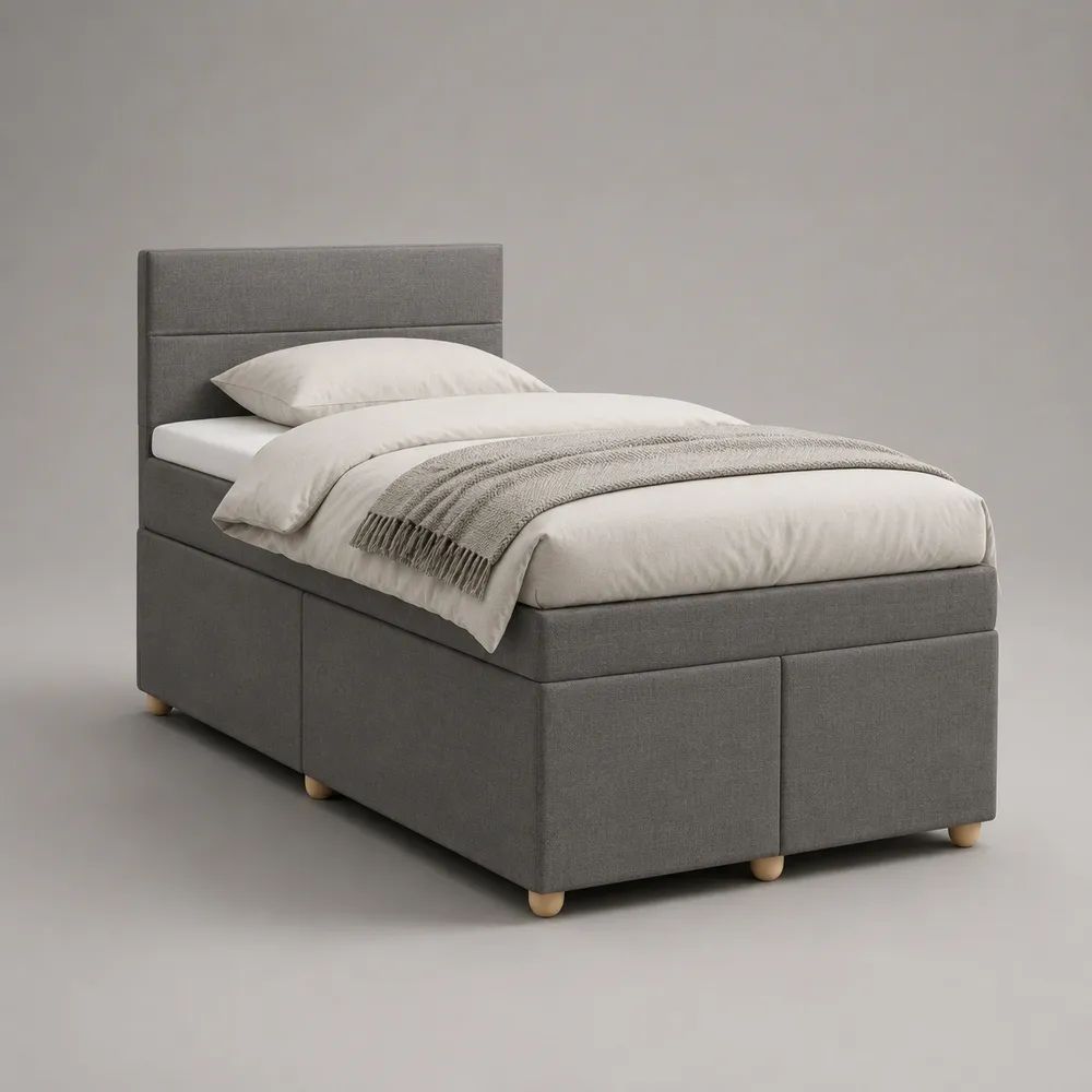 Letto singolo imbottito grigio in poliestere 100 x 210 x 110 cm, per materasso 90 x 200 cm, con testiera e rete a doghe