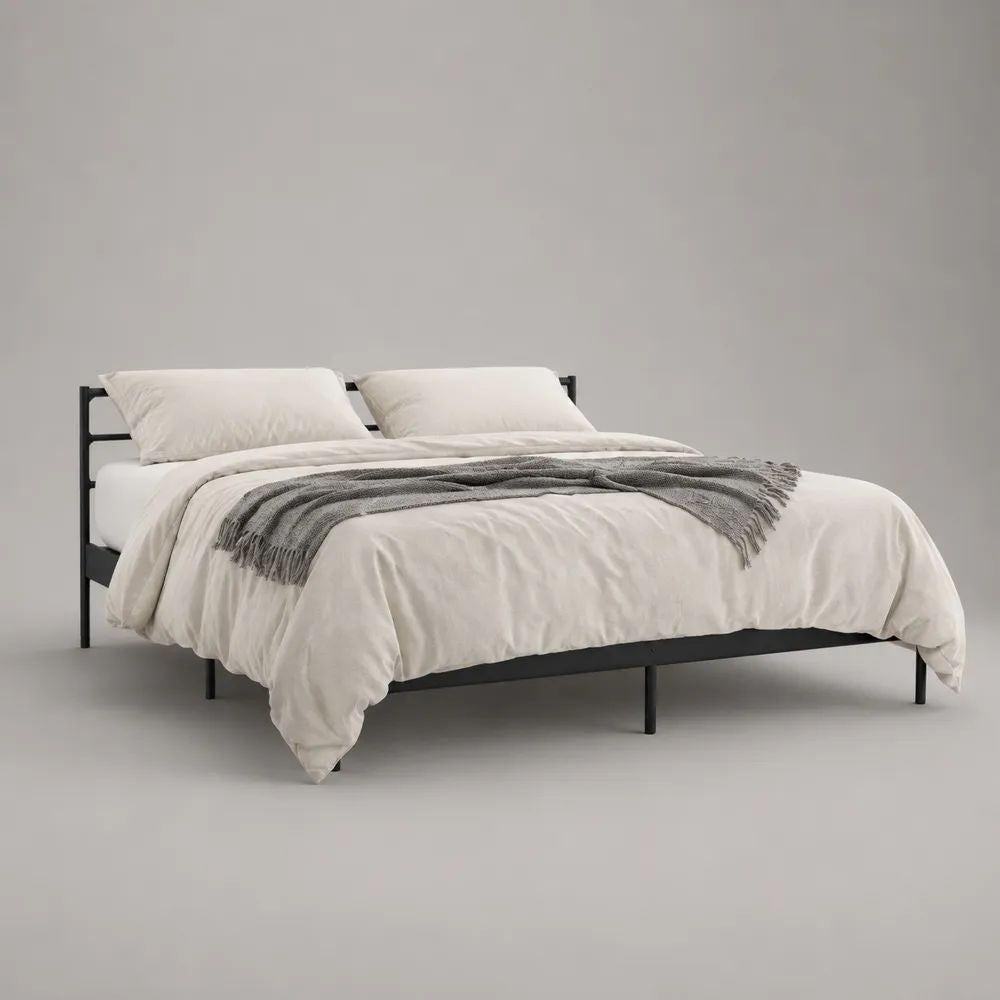 Letto matrimoniale in metallo nero con testiera e rete a doghe, per materasso 160 x 200 cm, dimensioni 166 x 207 x 85 cm
