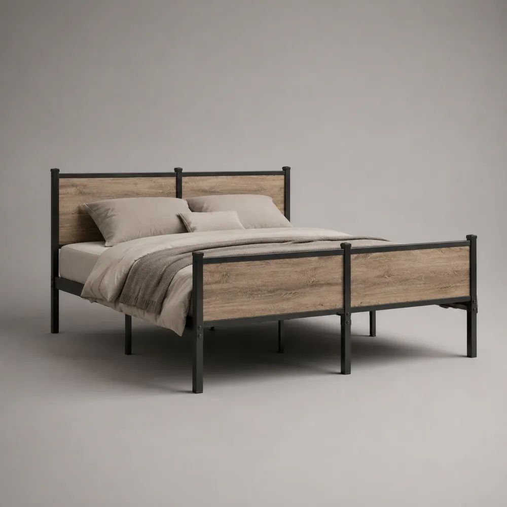 Struttura letto matrimoniale 166 x 208 x 100 cm per materasso 160 x 200 cm in acciaio e legno, Nero/Rovere naturale