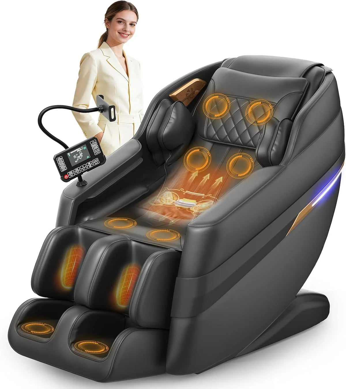Poltrona relax con massaggio, FURNIMAT, Bluetooth, effetto 3D, Controllo vocale AI e altoparlante Bluetooth, 8 airbag