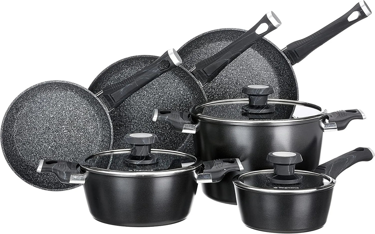 Pentola e padella, nero, Set con 3 padelle, 3 coperchi in vetro, 9 Pezzi, 2 casseruole