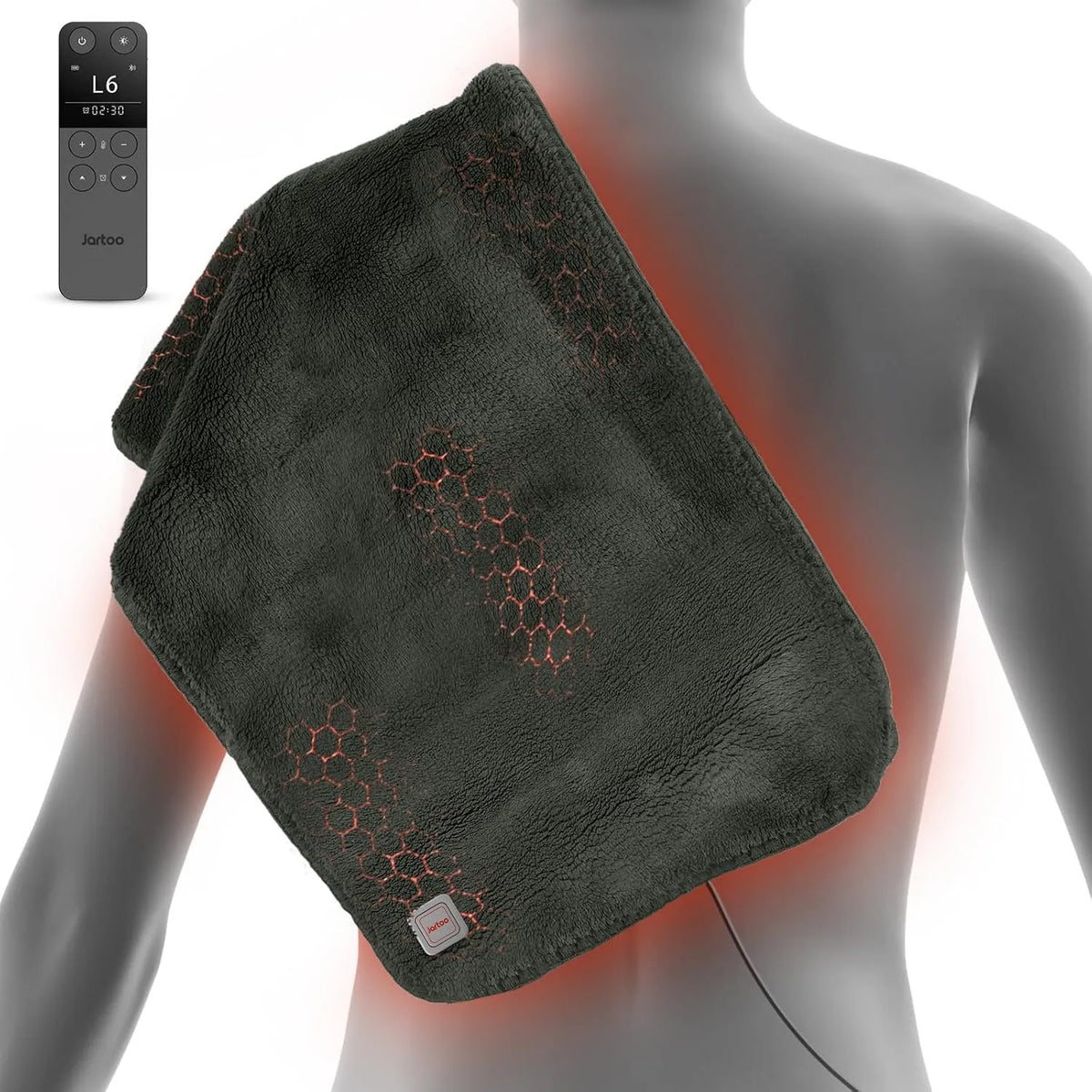Jartoo Nano Termoforo Elettrico, Infrarossi Pad Elettrico per Cervicale Lombare Schiena, 12V Sicuro & ECO, Telecomando Portatile con 6 Livelli di