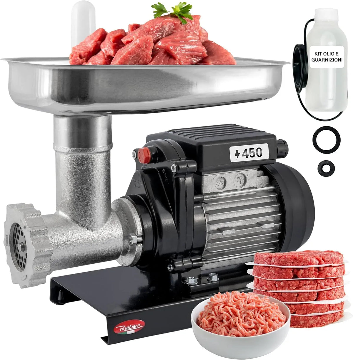 N.8 Reber Tritacarne Elettrico 450W per Macinare Carne e Preparare Salsicce