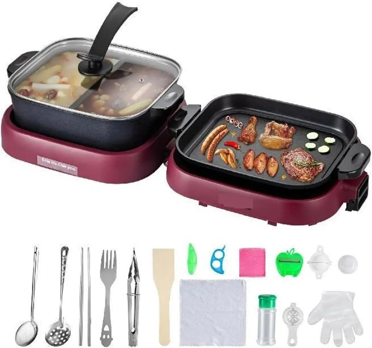 Pentola e padella, 2000 W, rivestimento antiaderente, grill, portatile