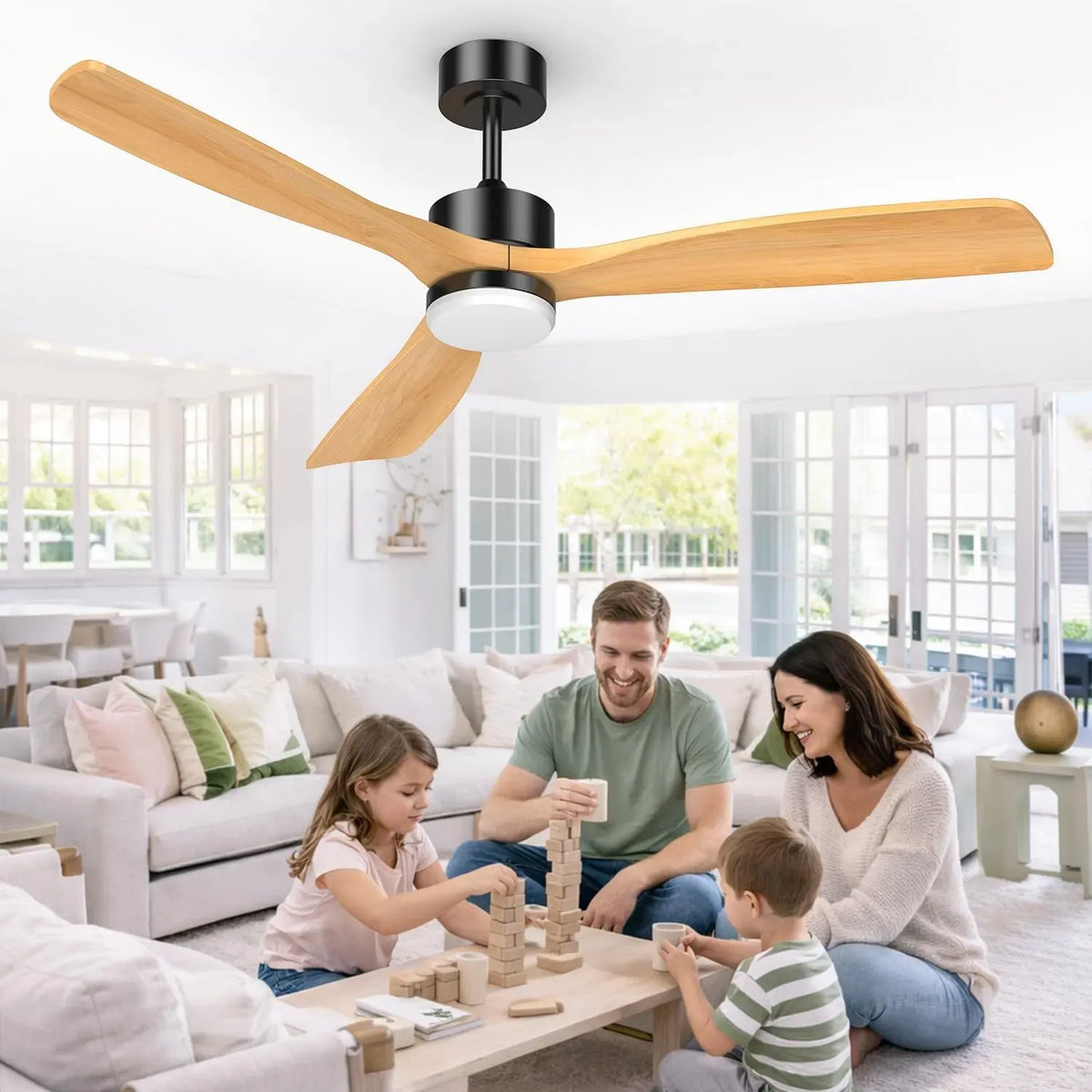 Ventilatore, 152cm, Airwit, ventola per circolazione dell'aria, 152cm Ventilatore Soffitto Grande con Luce e Pale in Legno Massiccio