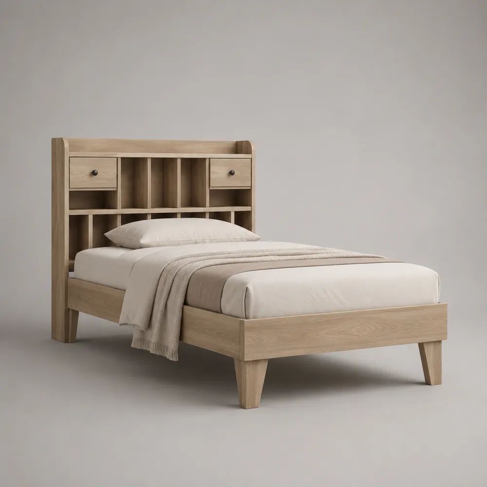 Letto singolo in legno 90 x 200 cm color rovere naturale con testiera contenitore, 2 cassetti e vani aperti