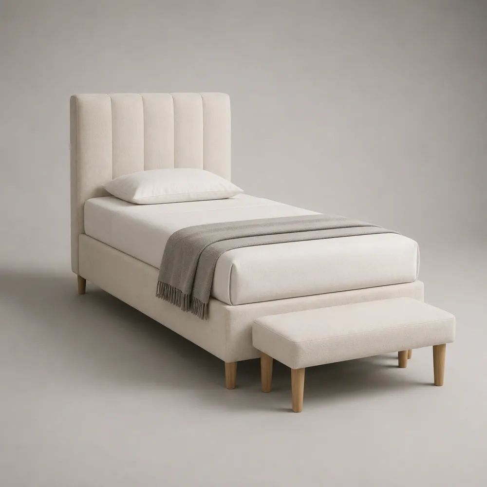 Set da 3 pezzi con letto singolo imbottito 90 × 200 cm, materasso in schiuma e panca 90 × 40 × 42 cm, avorio