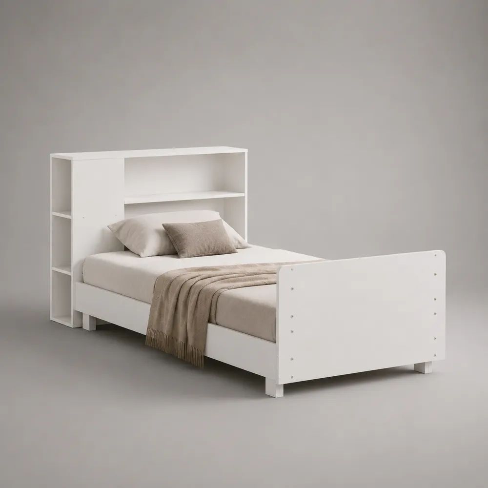 Letto singolo con testiera libreria in pannello truciolare melaminico bianco, per materasso 90 x 200 cm, dimensioni 218 x 103 x 150 cm