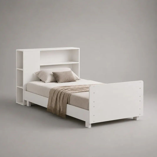 Letto singolo con testiera libreria in pannello truciolare melaminico bianco, per materasso 90 x 200 cm, dimensioni 218 x 103 x 150 cm