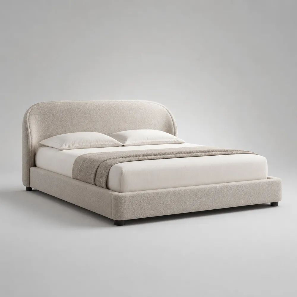 Letto matrimoniale imbottito in bouclé di poliestere crema con testiera arrotondata, per materasso 160 x 200 cm