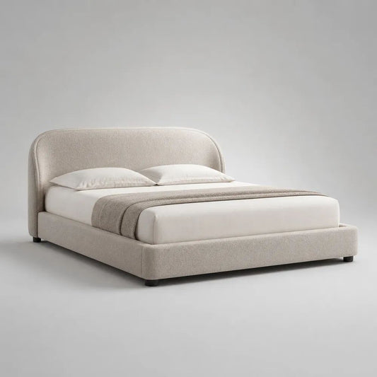 Letto matrimoniale imbottito in bouclé di poliestere crema con testiera arrotondata, per materasso 160 x 200 cm