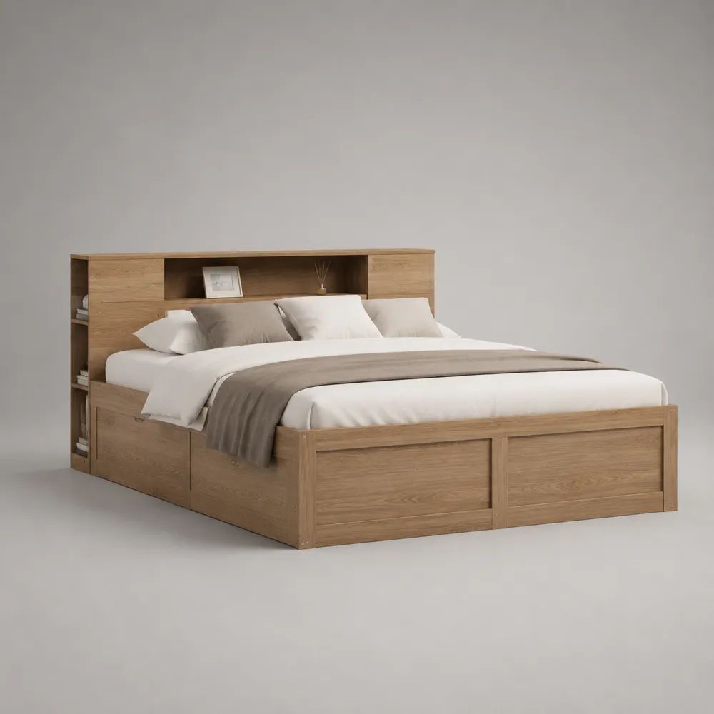 Letto matrimoniale 160 x 200 cm in pannelli truciolari effetto rovere naturale con testiera libreria, 3 cassetti e rete a doghe, 225 x 184 x 120 cm