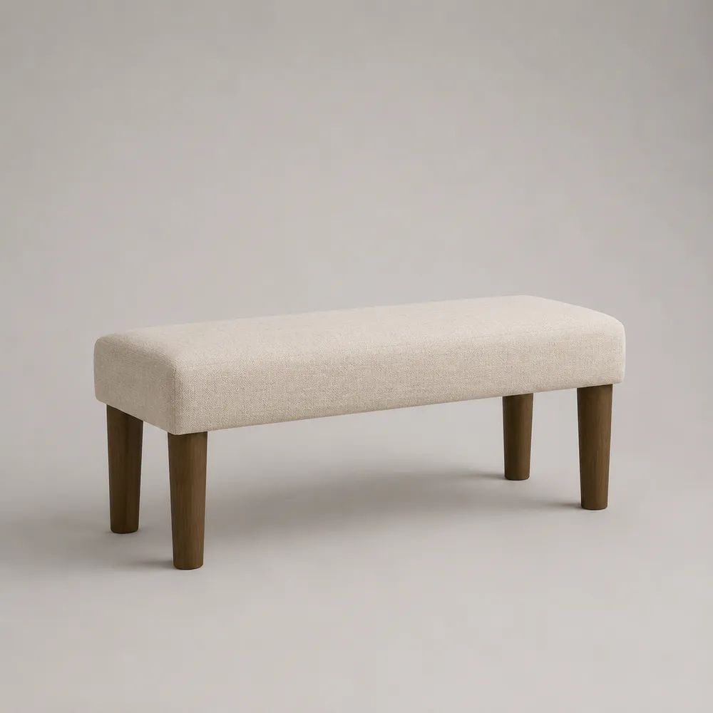 Panca imbottita rettangolare in tessuto beige con gambe in legno marrone, 100 x 40 x 45 cm