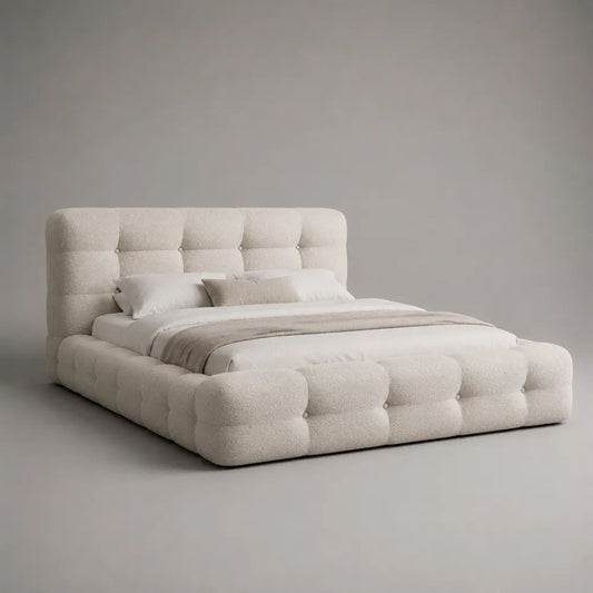 Letto matrimoniale imbottito in tessuto bianco 160 x 200 cm con testiera capitonné, 190 x 225 x 115 cm