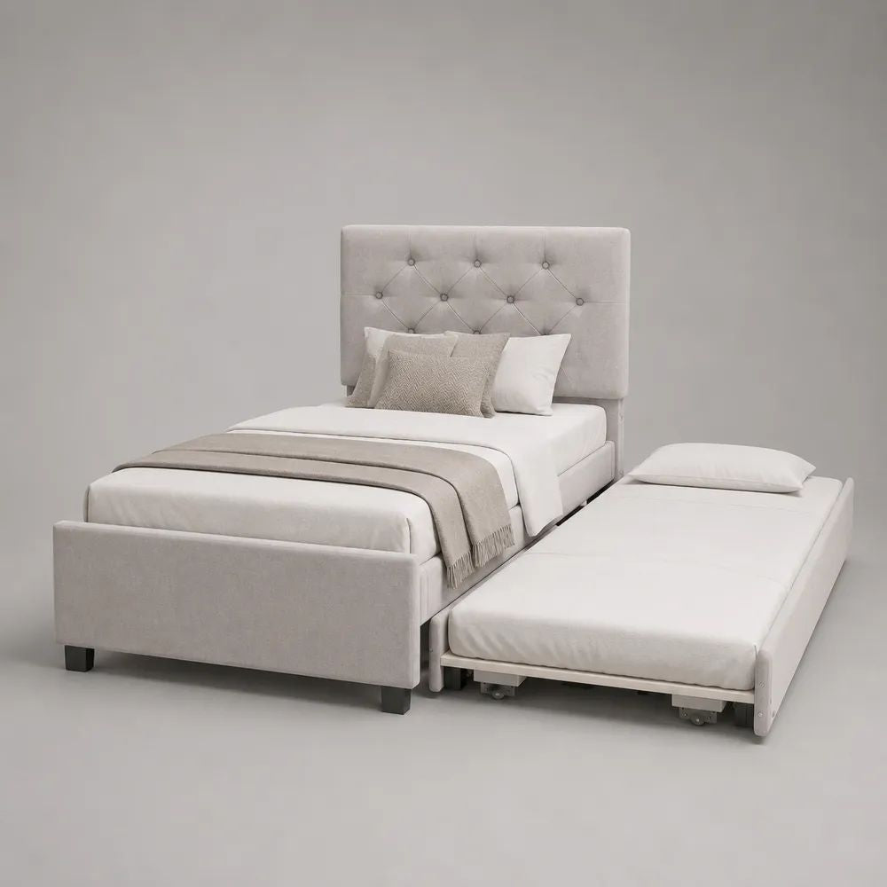 Letto singolo imbottito grigio chiaro con letto estraibile e testiera capitonné, 90 x 200 cm e 90 x 190 cm