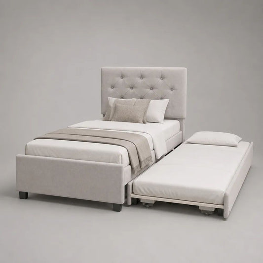 Letto singolo imbottito grigio chiaro con letto estraibile e testiera capitonné, 90 x 200 cm e 90 x 190 cm
