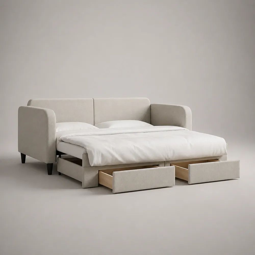 Divano letto matrimoniale 160 x 200 cm in tessuto beige chiaro con struttura in legno e 3 cassetti
