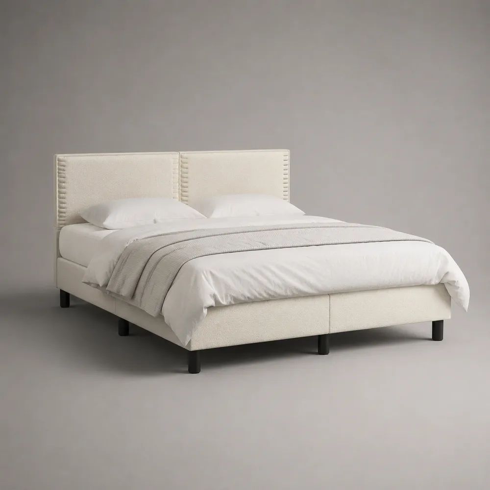 Letto matrimoniale imbottito in tessuto bouclé bianco, 190 x 215 x 110 cm, superficie letto 180 x 200 cm, testiera doppia