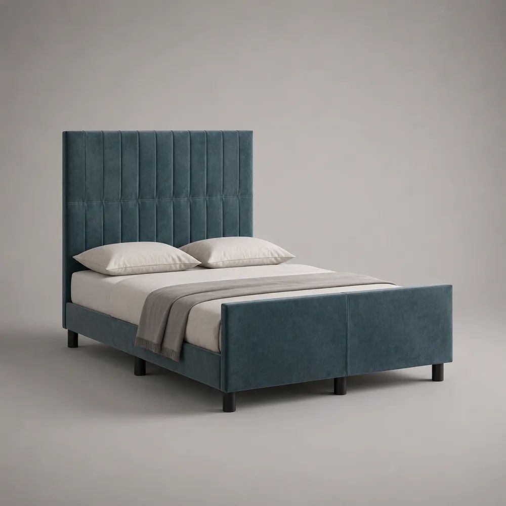 Letto matrimoniale imbottito in velluto blu petrolio 170 x 215 x 130 cm, per materasso 160 x 200 cm, con testiera alta e pediera