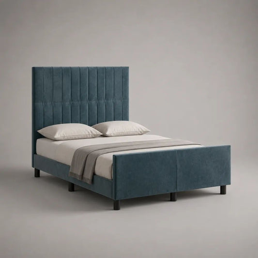 Letto matrimoniale imbottito in velluto blu petrolio 170 x 215 x 130 cm, per materasso 160 x 200 cm, con testiera alta e pediera