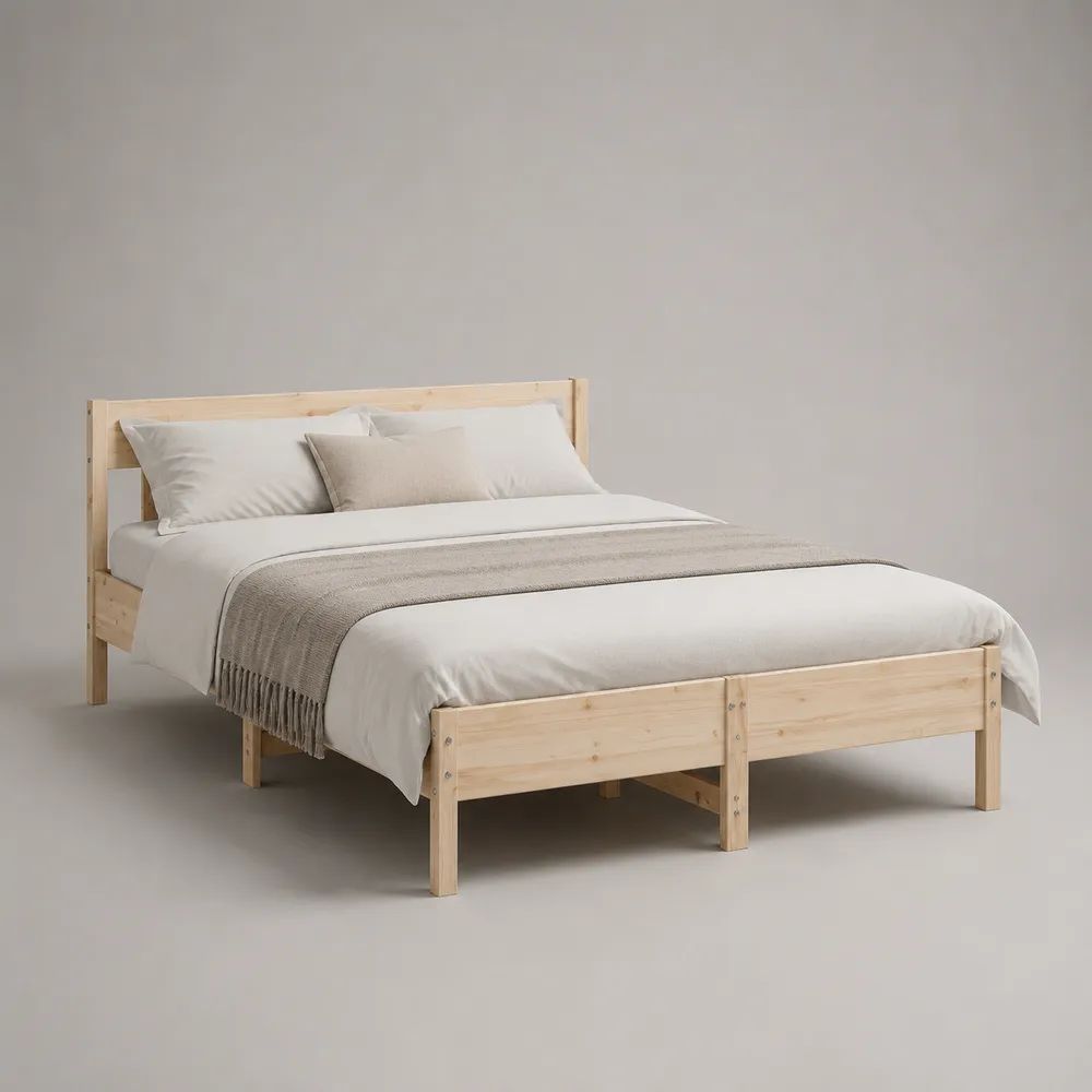 Letto matrimoniale 160 x 200 cm con rete a doghe in legno di pino massello naturale, 168 x 208 x 90 cm