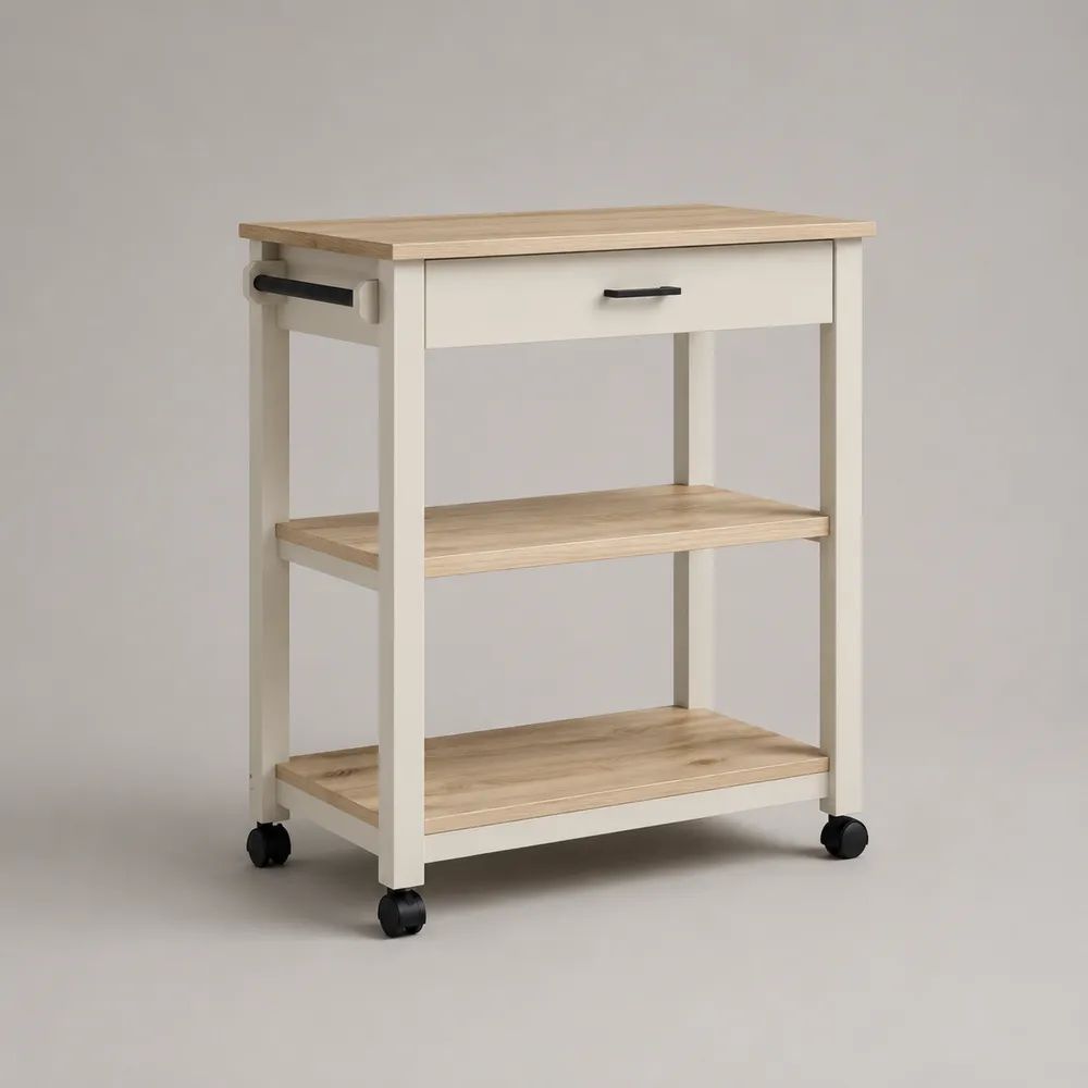 Carrello da cucina in legno e metallo con cassetto, 2 ripiani e 4 ruote, bianco e rovere naturale, 80 × 40 × 88 cm