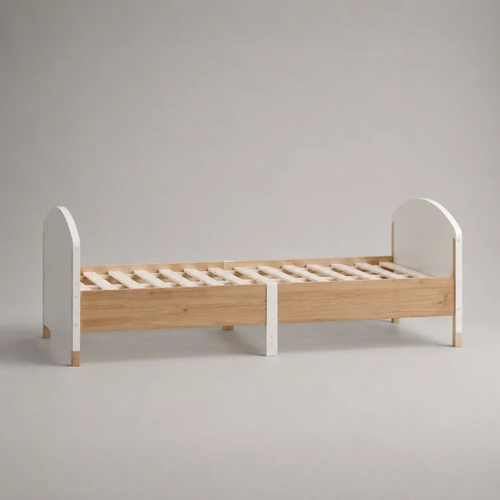 Letto singolo in legno con rete a doghe, bianco e naturale, materasso 90 x 200 cm