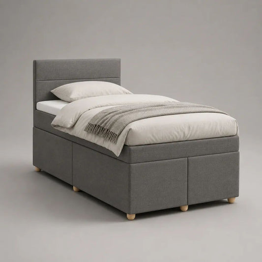 Letto singolo imbottito grigio in poliestere 100 x 210 x 110 cm, per materasso 90 x 200 cm, con testiera e rete a doghe