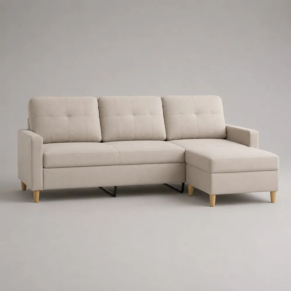 Divano angolare 3 posti in tessuto beige con penisola destra, 212 x 145 x 89 cm