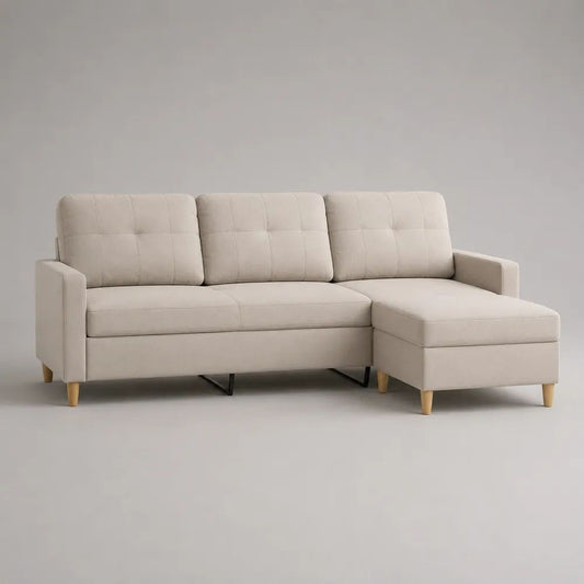 Divano angolare 3 posti in tessuto beige con penisola destra, 212 x 145 x 89 cm