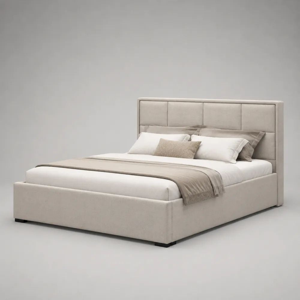 Letto matrimoniale contenitore imbottito in tessuto beige, 174 x 218 x 115 cm, per materasso 160 x 200 cm