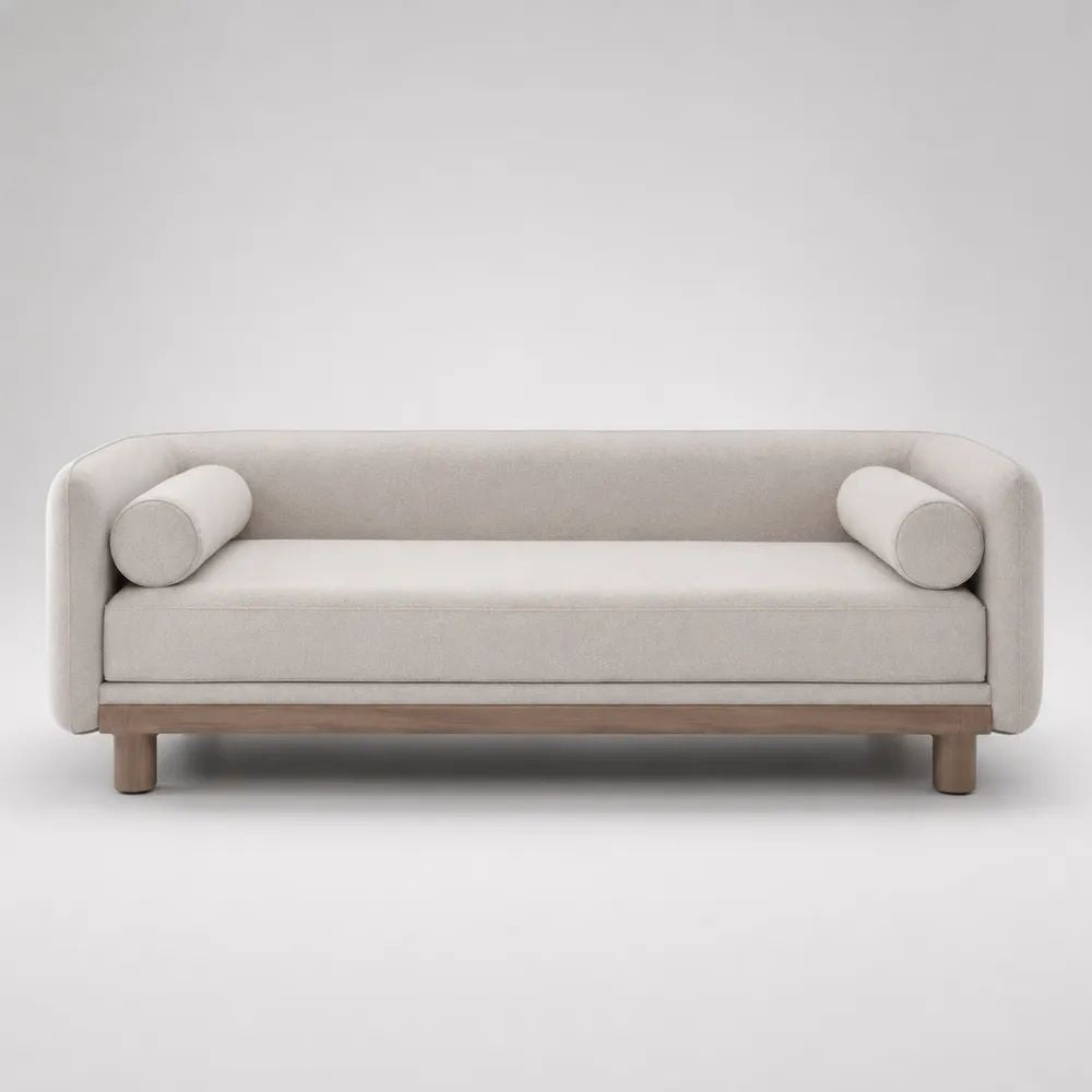Divano letto singolo imbottito in tessuto e legno beige/marrone chiaro, 220 x 100 x 78 cm, superficie letto 90 x 200 cm, con 2 cuscini cilindrici
