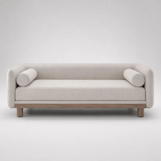 Divano letto singolo imbottito in tessuto e legno beige/marrone chiaro, 220 x 100 x 78 cm, superficie letto 90 x 200 cm, con 2 cuscini cilindrici