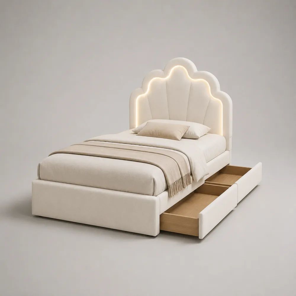 Letto singolo imbottito 90 × 200 cm bianco crema con testiera smerlata LED e 2 cassetti laterali
