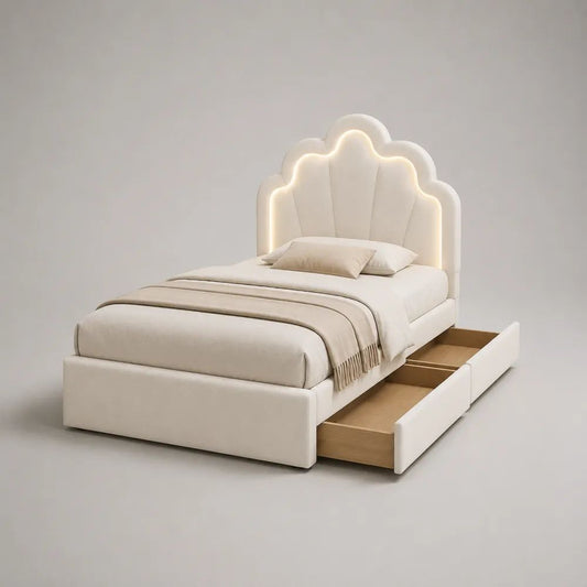 Letto singolo imbottito 90 × 200 cm bianco crema con testiera smerlata LED e 2 cassetti laterali