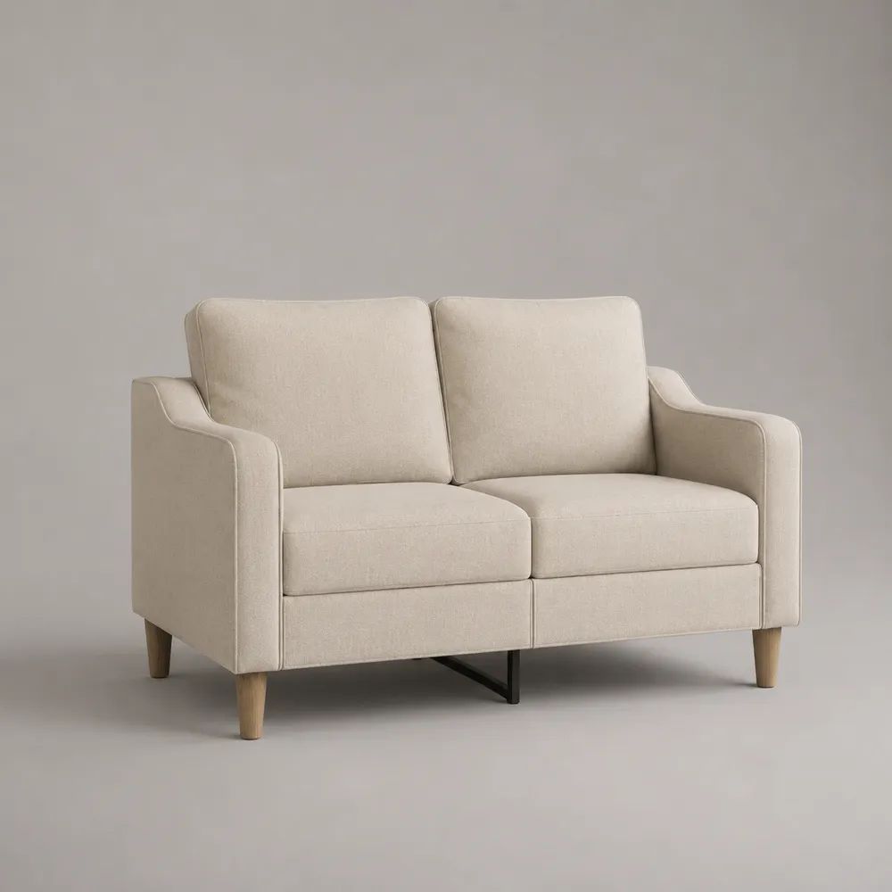 Divano 2 posti in poliestere beige con imbottitura in schiuma e gambe in legno, 150 × 82 × 86 cm