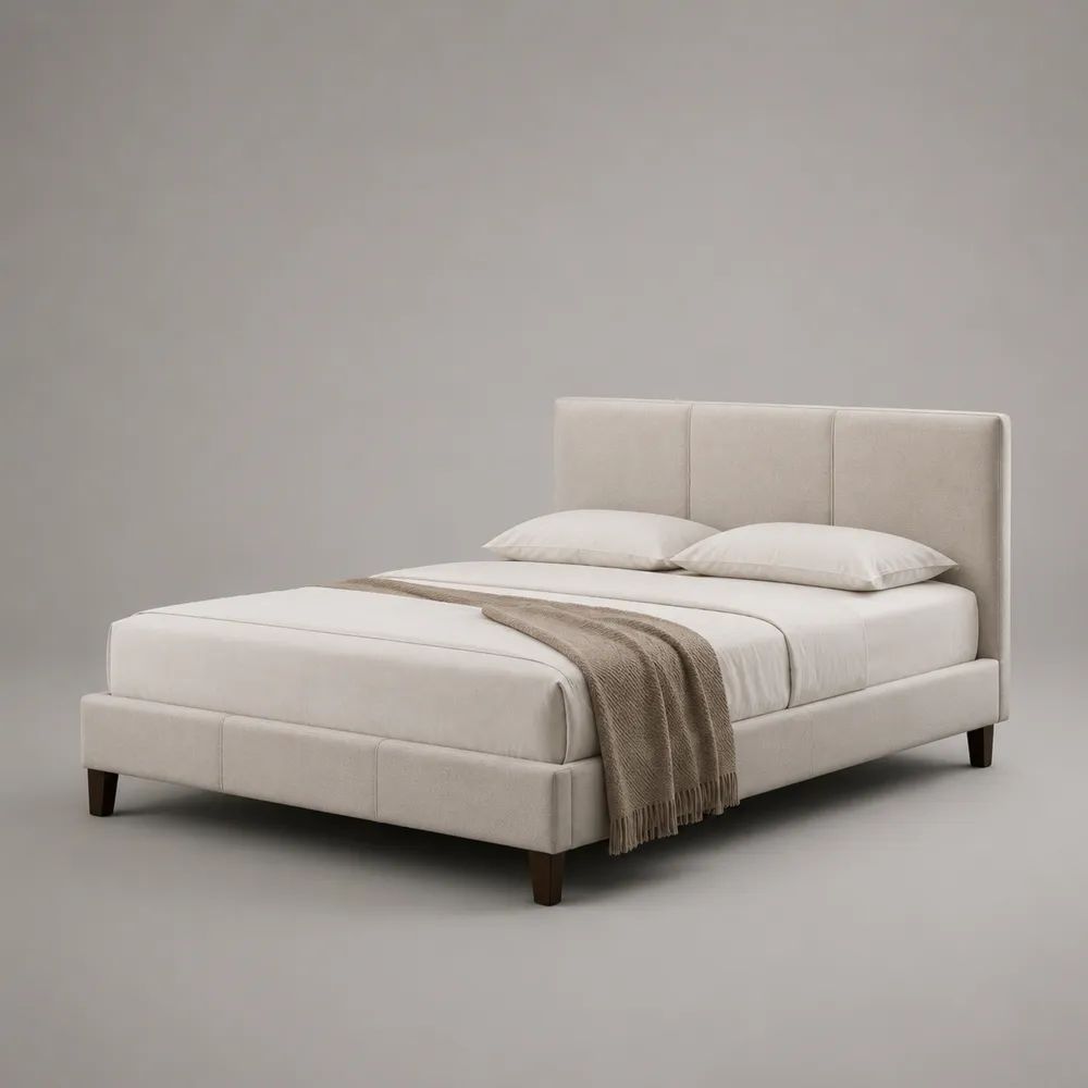 Letto matrimoniale imbottito beige in tessuto, superficie 160 x 200 cm, dimensioni 176 x 215 x 112 cm