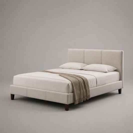 Letto matrimoniale imbottito beige in tessuto, superficie 160 x 200 cm, dimensioni 176 x 215 x 112 cm