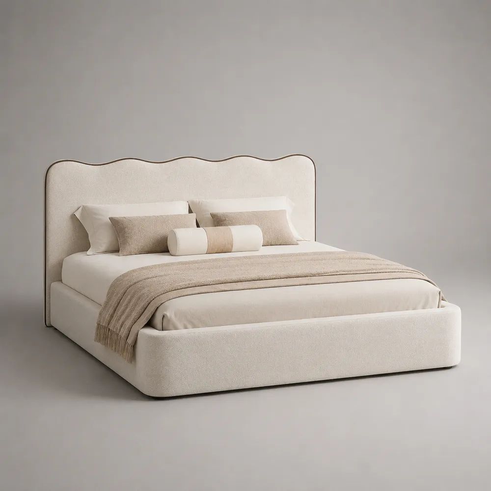 Letto matrimoniale contenitore 160 x 200 cm rivestito in bouclé avorio e beige con testiera sagomata