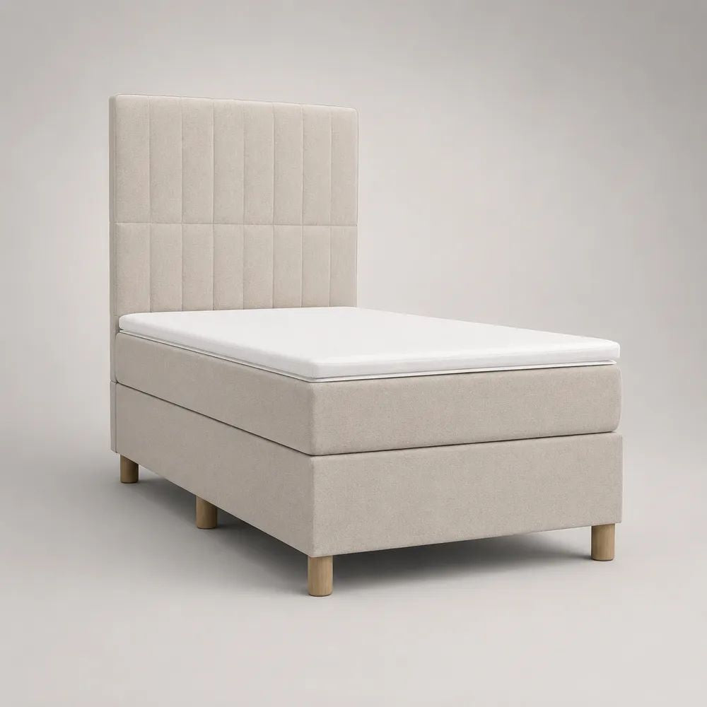 Letto singolo continentale rettangolare imbottito beige con testiera, materasso e sovramaterasso, superficie di riposo 90 x 200 cm, dimensioni 100 x 210 x 120 cm