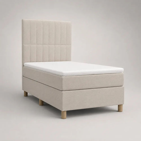 Letto singolo continentale rettangolare imbottito beige con testiera, materasso e sovramaterasso, superficie di riposo 90 x 200 cm, dimensioni 100 x 210 x 120 cm