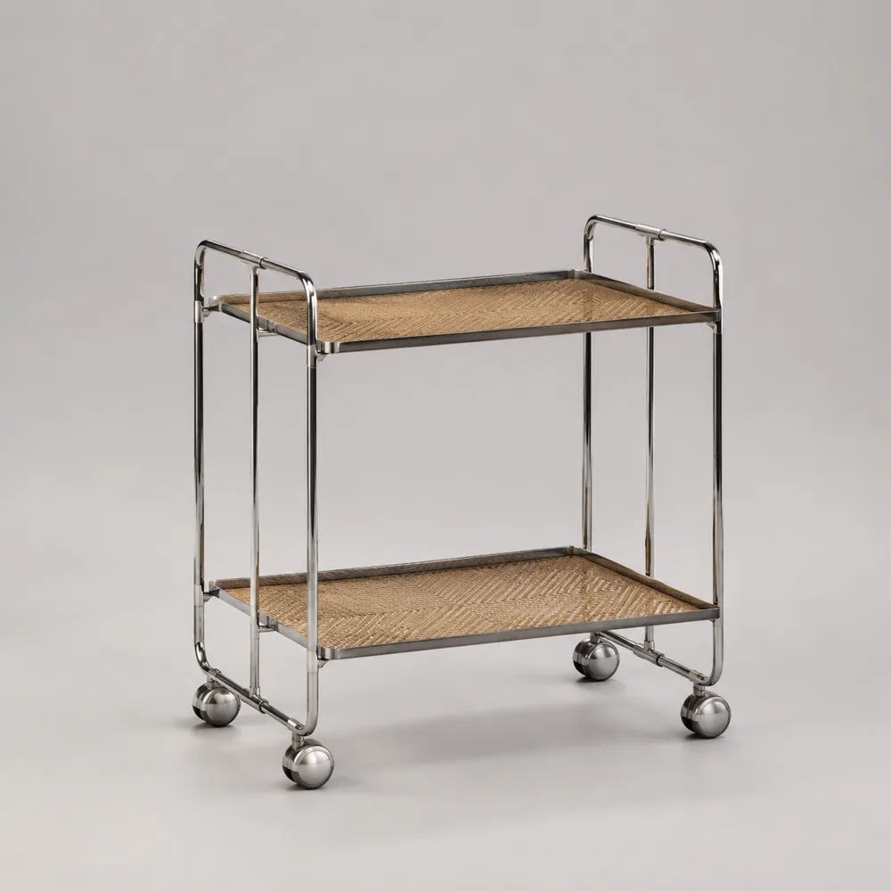 Carrello portavivande rettangolare a 2 ripiani in rattan intrecciato e acciaio cromato, naturale e argento, 72 x 40 x 79 cm