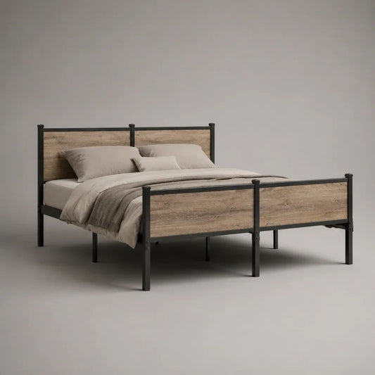 Struttura letto matrimoniale 166 x 208 x 100 cm per materasso 160 x 200 cm in acciaio e legno, Nero/Rovere naturale