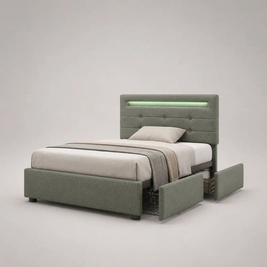 Letto singolo imbottito in tessuto grigio con 2 cassetti e luce LED, 90 x 200 cm
